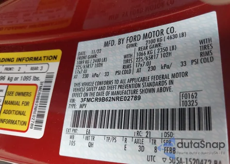 2022 Ford Bronco Sport Big Bend z USA, uszkodzony, nr VIN 3FMCR9B62NRE02789